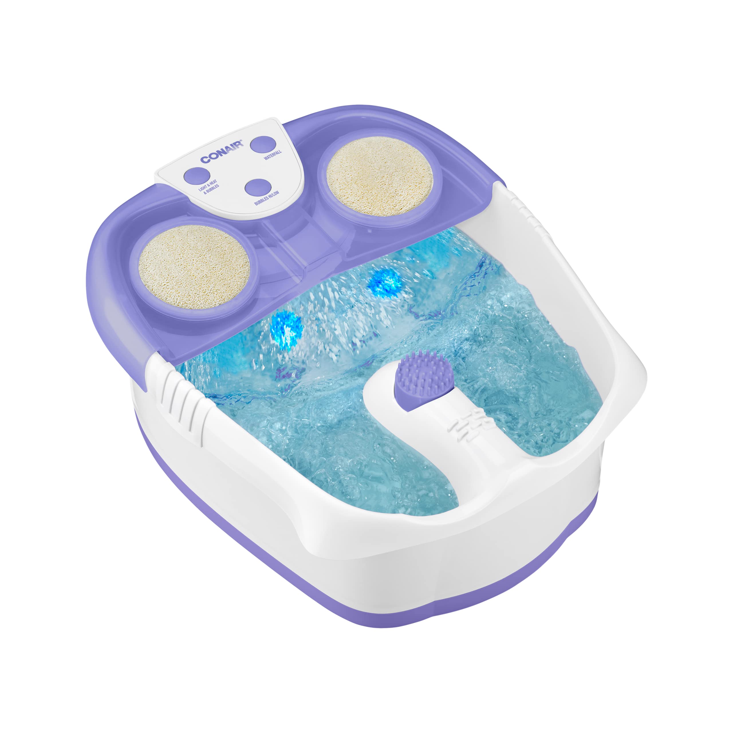Conair Waterfall Pedicure Foot Spa Bath with Blue LED Lights, Massaging Bubbles and Massage Rollers, Purple/White